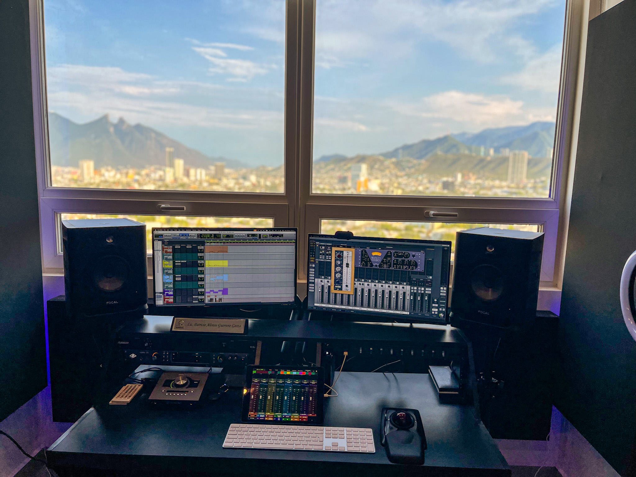 Professional mixing studio with mountain view